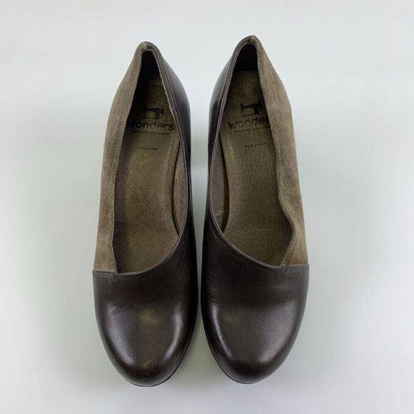 Wonders Leather Pump Slip On Brown Tan Suede Round Toe Block Heel Womens 38 7.5 - Picture 4 of 16